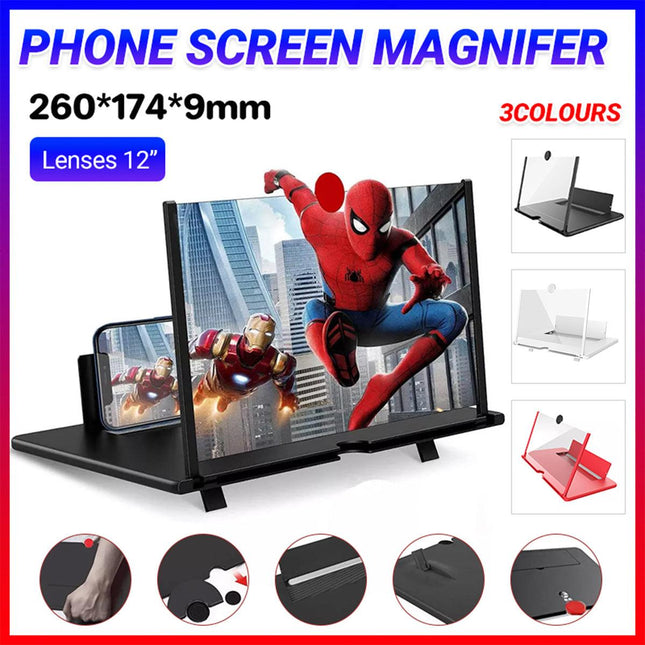 12 Inch Phone Screen Magnifier Folding Amplifier Stand Adjustable 3D Holder - White.