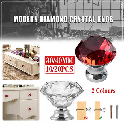 Door Knobs Handles Clear Crystal Diamond Glass Kitchen Cupboard Cabinet Pulls 40MM - Clear-10PCS.