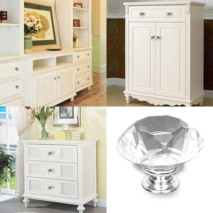 Door Knobs Handles Clear Crystal Diamond Glass Kitchen Cupboard Cabinet Pulls 40MM - Clear-10PCS.