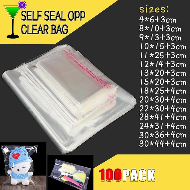 Multi-size Clear Self-Seal Cellophane Bags - Bulk Adhesive Opp - 11*20+4.