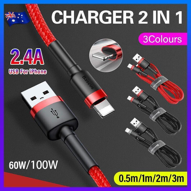 Grey Black Genuine BASEUS 2.4A USB to Lighting Charging Cable Cord for iPhone 13 12 Pro XS - 3 m.