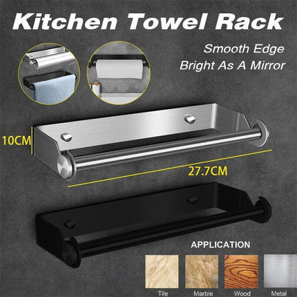 Paper Towel Holder Under Cabinet Wall Mount Stainless Steel Rack Kitchen - Black.