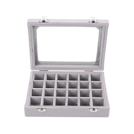 Velvet Jewelry Box Earring Organizer Display Case Storage Holder with 24 Grid - Grey.