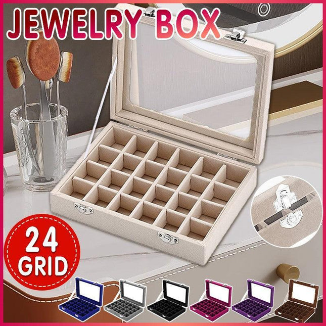 Velvet Jewelry Box Earring Organizer Display Case Storage Holder with 24 Grid - Rose Red.