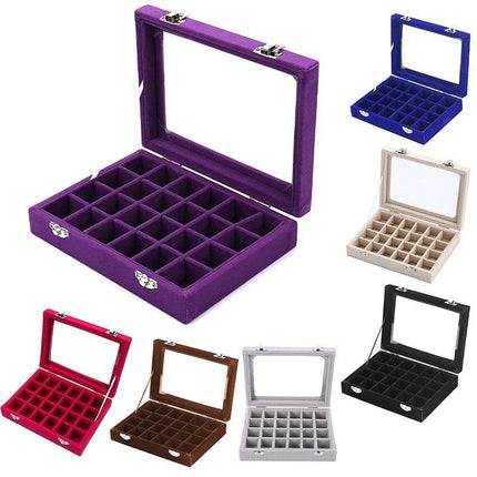 Velvet Jewelry Box Earring Organizer Display Case Storage Holder with 24 Grid - Rose Red.