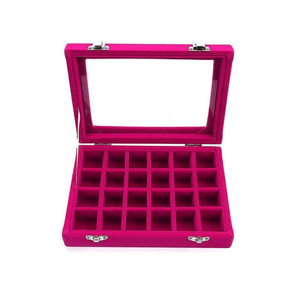 Velvet Jewelry Box Earring Organizer Display Case Storage Holder with 24 Grid - Rose Red.