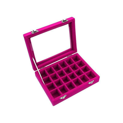 Velvet Jewelry Box Earring Organizer Display Case Storage Holder with 24 Grid - Rose Red.