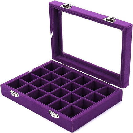 Velvet Jewelry Box Earring Organizer Display Case Storage Holder with 24 Grid - Rose Red.