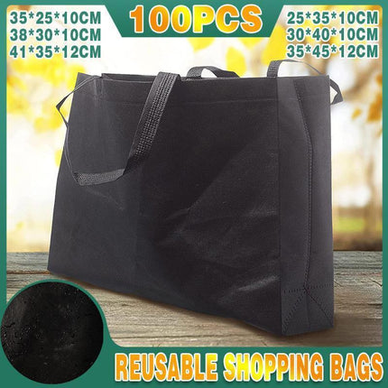 100PCS Reusable Non Woven Shopping Bags Eco Friendly Washable Tote Bags Black - 41X35X12CM.