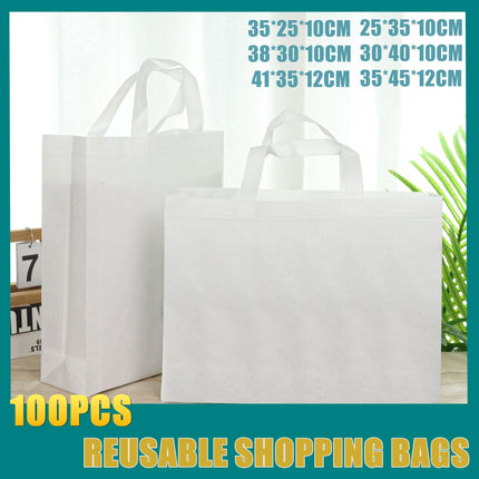 100PCS Reusable Non Woven Shopping Bags Eco Friendly Washable Tote Bags White - 35X25X10CM.
