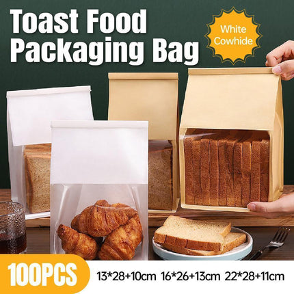 100x Kraft Paper Flat Bottom Cake Packaging Toast Bread Bags With Window Cowhide - 13X28+10CM.