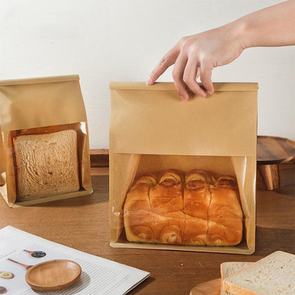 100x Kraft Paper Flat Bottom Cake Packaging Toast Bread Bags With Window Cowhide - 13X28+10CM.
