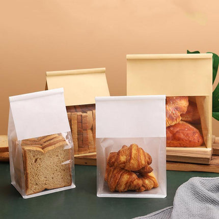 100x Kraft Paper Flat Bottom Cake Packaging Toast Bread Bags With Window Cowhide - 13X28+10CM.