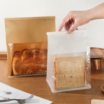 100x Kraft Paper Flat Bottom Cake Packaging Toast Bread Bags With Window Cowhide - 13X28+10CM.