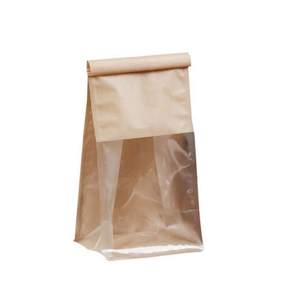 100x Kraft Paper Flat Bottom Cake Packaging Toast Bread Bags With Window Cowhide - 13X28+10CM.