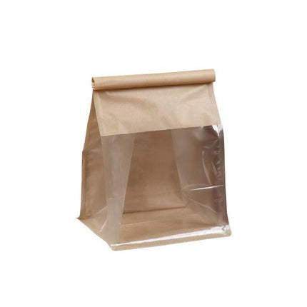 100x Kraft Paper Flat Bottom Cake Packaging Toast Bread Bags With Window Cowhide - 13X28+10CM.