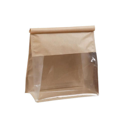 100x Kraft Paper Flat Bottom Cake Packaging Toast Bread Bags With Window Cowhide - 13X28+10CM.