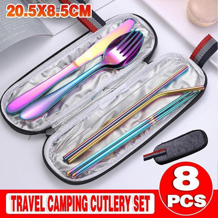 8PCS Portable Stainless Steel Travel Cutlery Set with Case for Camping Picnic Office.