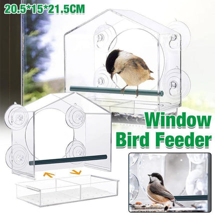 Clear Acrylic Window Bird Feeder with Strong Suction Cups and Removable Seed Tray.
