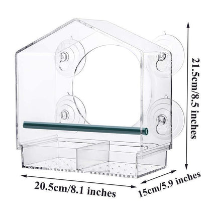 Clear Acrylic Window Bird Feeder with Strong Suction Cups and Removable Seed Tray.