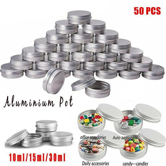 50Pcs Durable Silver Aluminum Cosmetic Pot Lip Balm Jar Containers Empty Tin - 10ML.