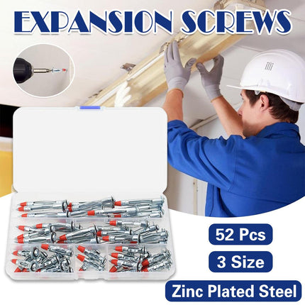 52PCS Galvanized Steel Wall Anchors Expansion Screws Self Tapping Bolts.