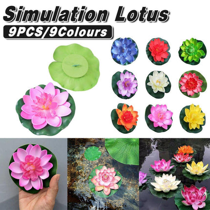 9pcs Simulation Lotus Flowers Leaves Water Lily Pond Fish Tank Decoration.