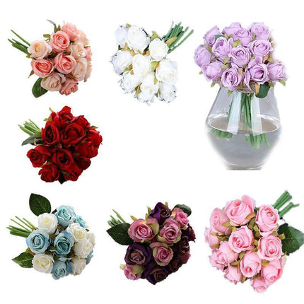 12 Heads Silk Rose Artificial Flowers Fake Bouquet - White.
