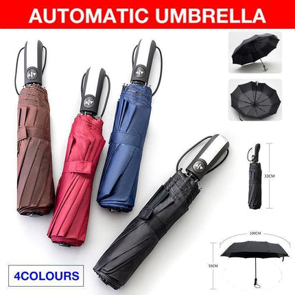 Automatic Umbrella Auto Open Close Compact Folding Anti Rain Windproof 10Ribs Au - Wine Red.