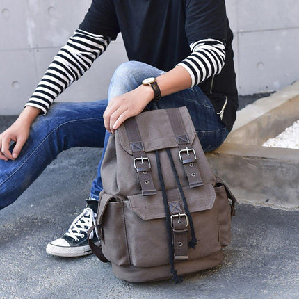 Unisex Retro Rucksack Large Capacity Travel Bag Leisure Backpack Schoolbag - Khaki.