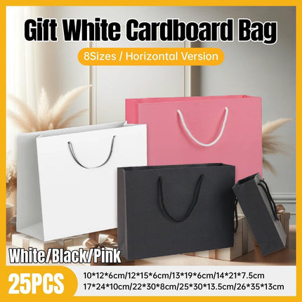 25X Kraft Paper Bags Gift Shopping Bag Carry White Pink Black Bag With Handles - Black-17-24-10.