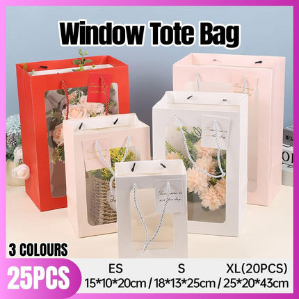25x Thick Gift Bags with Transparent Window for Valentines Day Bouquets and Gift - Tote-Bag-25pcs-Pink-18-13-25cm.