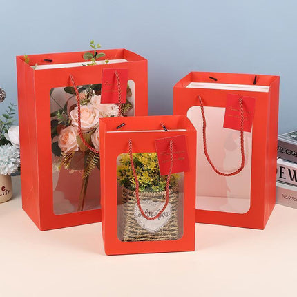 25x Thick Gift Bags with Transparent Window for Valentines Day Bouquets and Gift - Tote-Bag-25pcs-Pink-18-13-25cm.