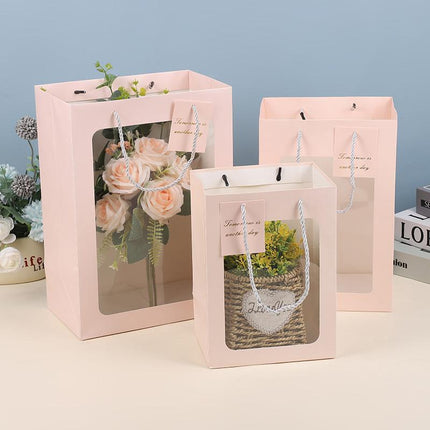 25x Thick Gift Bags with Transparent Window for Valentines Day Bouquets and Gift - Tote-Bag-25pcs-Pink-18-13-25cm.