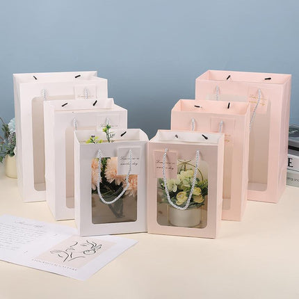 25x Thick Gift Bags with Transparent Window for Valentines Day Bouquets and Gift - Tote-Bag-25pcs-Red-18-13-25cm.