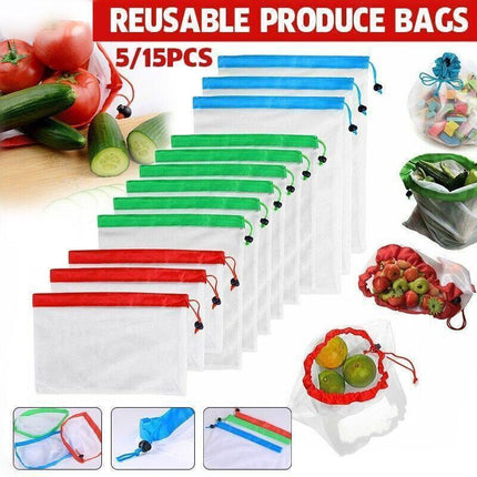 Up 15X Eco Friendly Reusable Mesh Produce Bags Superior Double Stitched Strength - 5PCS Large Blue.