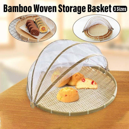 Bamboo Storage Basket with Mesh Cover for Fruit Vegetables Food Buns Kitchen - 42CM.