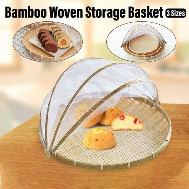 Bamboo Storage Basket with Mesh Cover for Fruit Vegetables Food Buns Kitchen - 42CM.