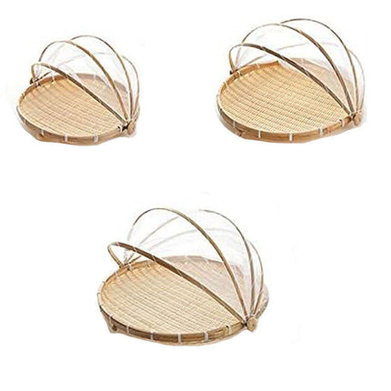 Bamboo Storage Basket with Mesh Cover for Fruit Vegetables Food Buns Kitchen - 42CM.