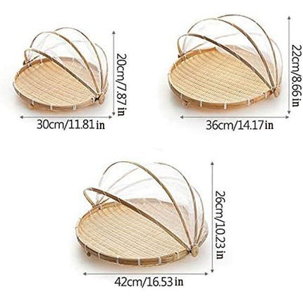 Bamboo Storage Basket with Mesh Cover for Fruit Vegetables Food Buns Kitchen - 42CM.
