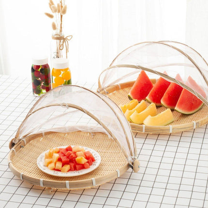 Bamboo Storage Basket with Mesh Cover for Fruit Vegetables Food Buns Kitchen - 42CM.