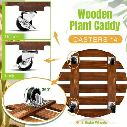 Wooden Round Universal Wheel Planter Base Tray Mobile Planter Stand for Garden.
