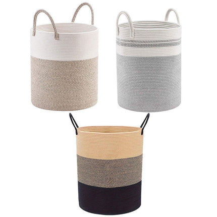 Woven Cotton Rope Storage Basket Foldable Laundry Bin Bamboo Clothes Organizer - Khaki Black.