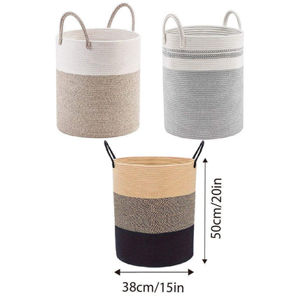 Woven Cotton Rope Storage Basket Foldable Laundry Bin Bamboo Clothes Organizer - Khaki Black.