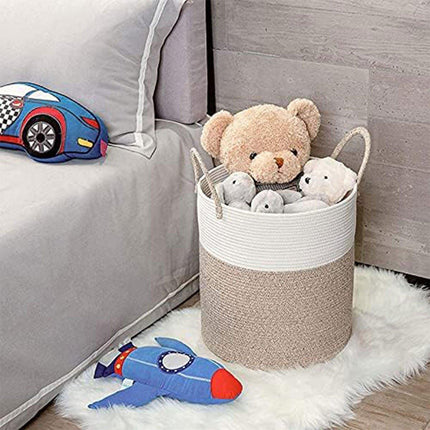 Woven Cotton Rope Storage Basket Foldable Laundry Bin Bamboo Clothes Organizer - Khaki Black.