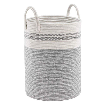 Woven Cotton Rope Storage Basket Foldable Laundry Bin Bamboo Clothes Organizer - Khaki Black.