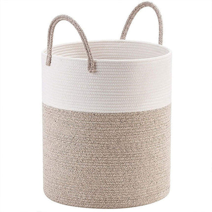 Woven Cotton Rope Storage Basket Foldable Laundry Bin Bamboo Clothes Organizer - Khaki Black.
