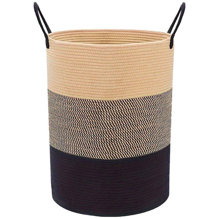 Woven Cotton Rope Storage Basket Foldable Laundry Bin Bamboo Clothes Organizer - Khaki Black.