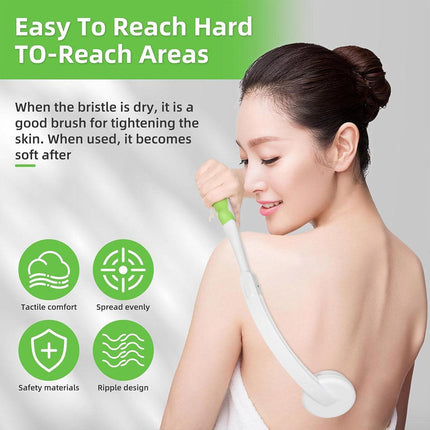 Back Bath Brush with Soft Bristles Curved Handle for Convenient Shower Scrubbing.