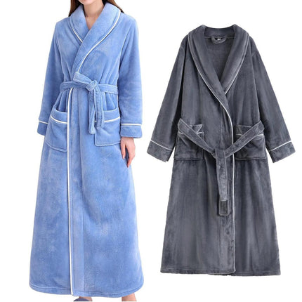 Flannel Bathrobe Set Autumn Winter Coral Fleece Nightgown for Men and Women Warm - Grey.